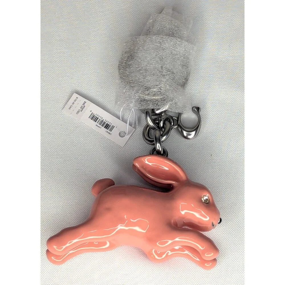 NWT Coach Bunny Rabbit Bag Charm Keychain Fob Silver / Coral Pink CBH21 - Picture 5 of 6